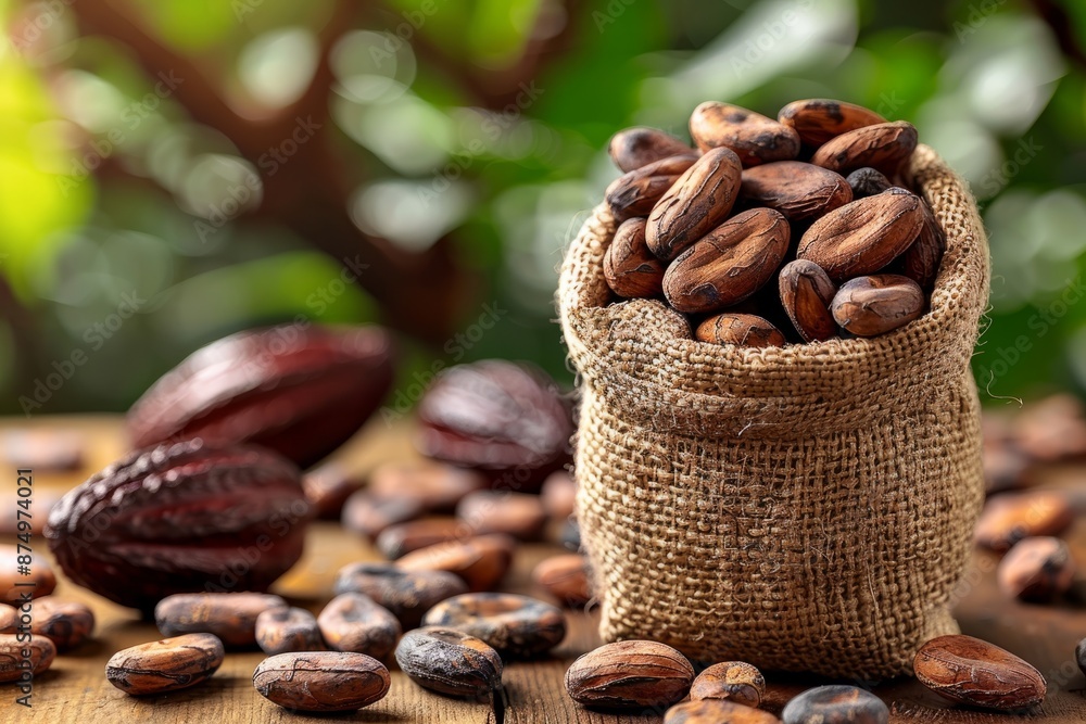 Poster cocoa beans in a burlap sack