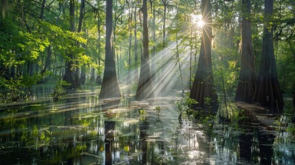 Fototapeta premium Sunlight filtering through the leaves of cypress trees in a swamp, creating a dappled light effect on the water surface.
