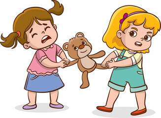 Vector illustration cartoon of two little girls fighting over a teddy bear. The conflict between children.