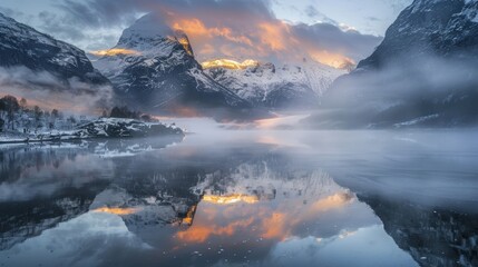 Sunrise over a tranquil fjord, mist clinging to the waters surface, snow-capped peaks reflecting in the still water.