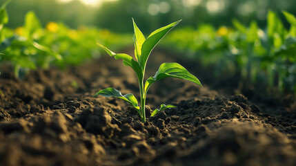 Young green plant sprouting from fertile soil in a field, bathed in warm sunlight, symbolizing growth and new beginnings in nature