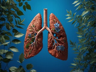 A human lung on a blue background surrounded by foliage International Asthma Day.