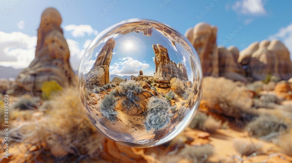 Poster create an image of a large, clear glass sphere containing a miniature desert storm. the sphere shoul