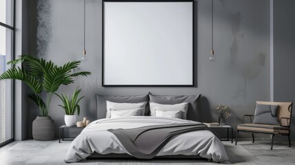 Mock up blank frame in modern bedroom