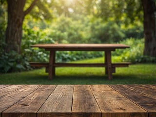 Fototapeta premium Country outdoor themed wooden table with blurred green background used for product display.