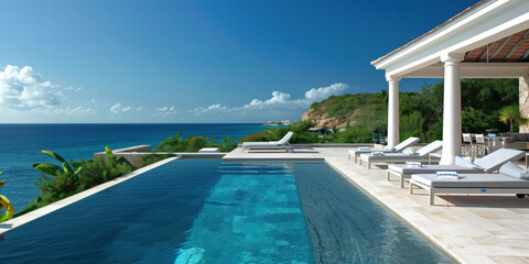 Fototapeta premium Looking out to the Caribbean from a beautiful pool side villa