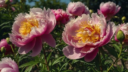 Fototapeta premium Beautiful colorful peonies blossoming in a garden on sunny spring day.