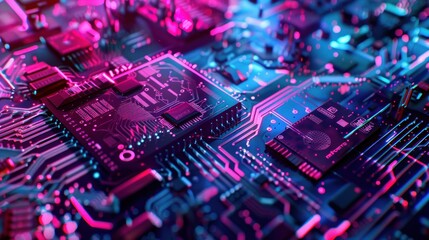 Obraz premium Neon-Lit Circuitry: A Close-Up of a Motherboard