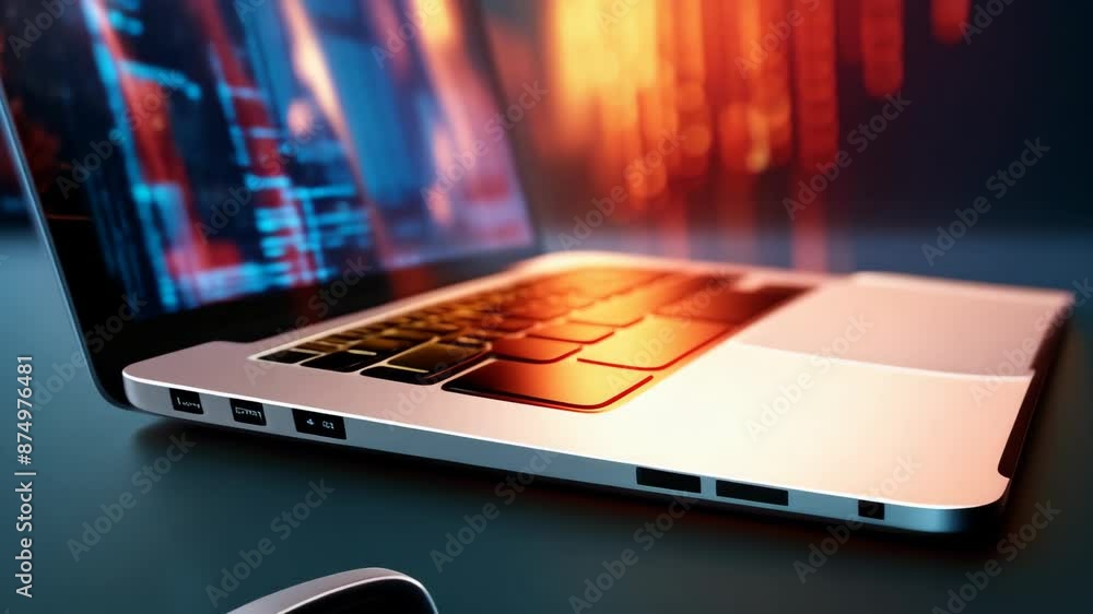 Poster 3d animation of a laptop with a screen full of digital data and codes