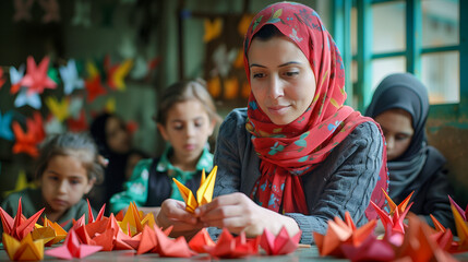 Middle Eastern woman teaching a group of children how to make intricate origami figures at a local community center.