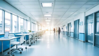 Fototapeta premium Quiet hospital corridor with blue walls and stainless steel furniture