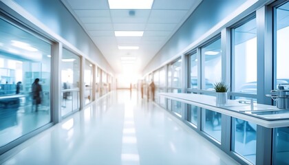 Empty, clean, and well-lit hospital hallway with blue walls, stainless steel tables, and blue vinyl chairs