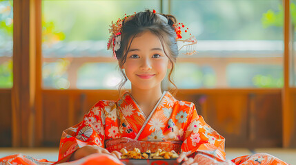 Japanese girl wearing traditional kimono smiling and holding typical food