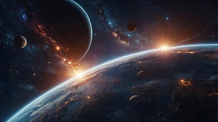 A celestial dreamscape where planets and stars swirl in a cosmic dance, their radiant beauty illuminating the infinite expanse of space illustration.