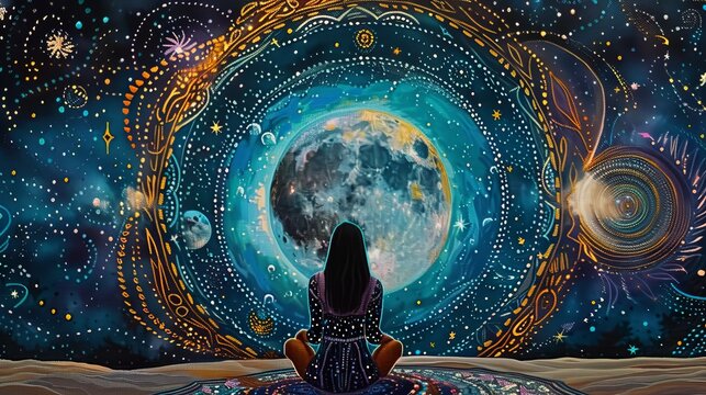 Cosmic wonder: Woman explores a celestial sphere, linking science and spirituality in an enigmatic night sky tapestry.