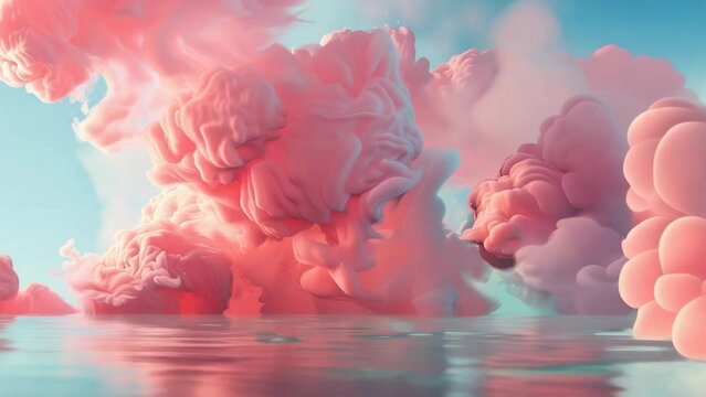 Abstract pink ink clouds swirling underwater with reflection on surface