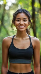 Fototapeta premium Happy Smiling Fit and Active Young Hispanic Woman in Sportswear Enjoying Sunny Summer Day, Confidently Looking at Camera in Green Natural Park or Forest, Self-Confidence, Female Empowerment, Stress Re