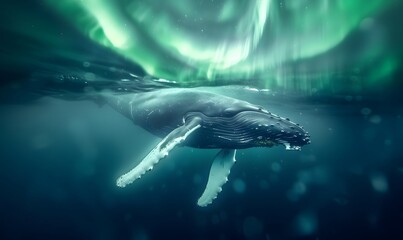 Fototapeta premium Humpback whale swimming under the ocean's green aurora, 