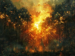 Fototapeta premium Golden sunrise over a dense forest, casting vibrant light rays through the trees, creating a dramatic and serene natural landscape.