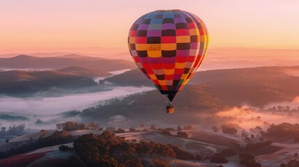Obraz premium Colorful hot air balloon ascends over rolling hills shrouded in morning mist creating an inspiring travel banner for adventure marketing.