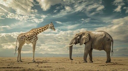 Giraffe stood tall and clearly with its sharp features. In contrast, the elephant was slightly out of focus with blurry features.