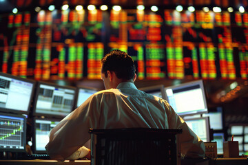 Obraz premium Man trading stock in front of computer. Generative AI.