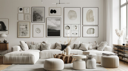 Modern living room showcasing a stylish gallery wall, sleek furniture, and decorative accents in a monochromatic theme.