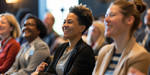 An audience who is happy and engaged at a conference