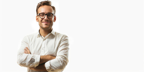 A modern business person in smart casual dress isolated against a white background