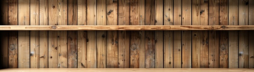 Empty wooden shelf against a rustic, wooden wall background. Perfect for product display, design mockups, or interior decorating concepts.