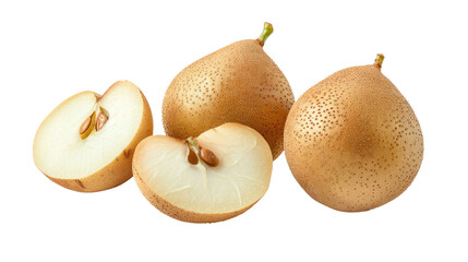 Fototapeta premium Juicy sapodillas isolated on white background, whole and sliced