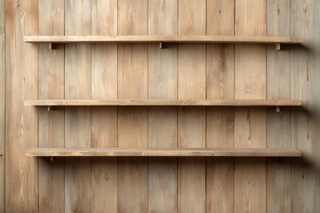 Empty wooden shelves on a rustic wooden wall background, perfect for showcasing products or decorative items in a minimalist style.