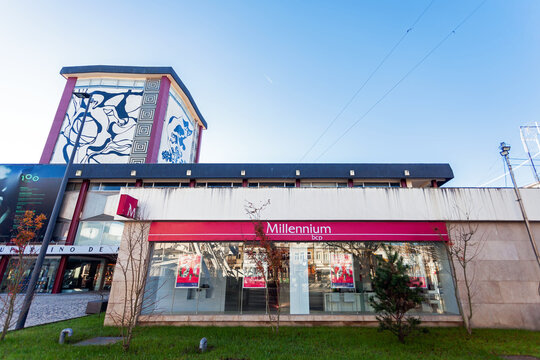 Vila Nova de Famalicao, Portugal - December 23, 2023: Millennium Bcp aka Banco Comercial Portugues bank agency in the Fudacao Cupertino de Miranda building. Private bank and one of largest in Portugal