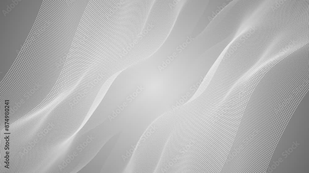 Poster white and black color hi-tech particles slowly moving in cyberspace forming futuristic wave pattern 