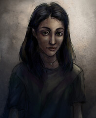 Indian girl portrait on dark grunge background detailed realistic cartoon drawing Muslim young woman in black cute naive good natured face Mona Lisa style Arabic appearance ethnic nationality Georgian