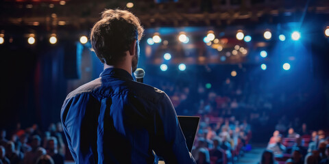 Software Developer Using Laptop Computer and Delivering a Motivational Speech on Stage