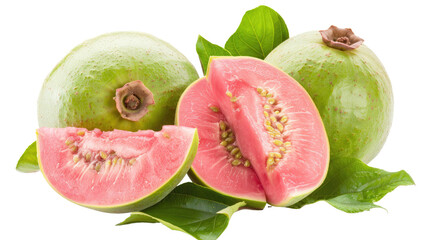 Refreshing guavas isolated on white background, whole and sliced