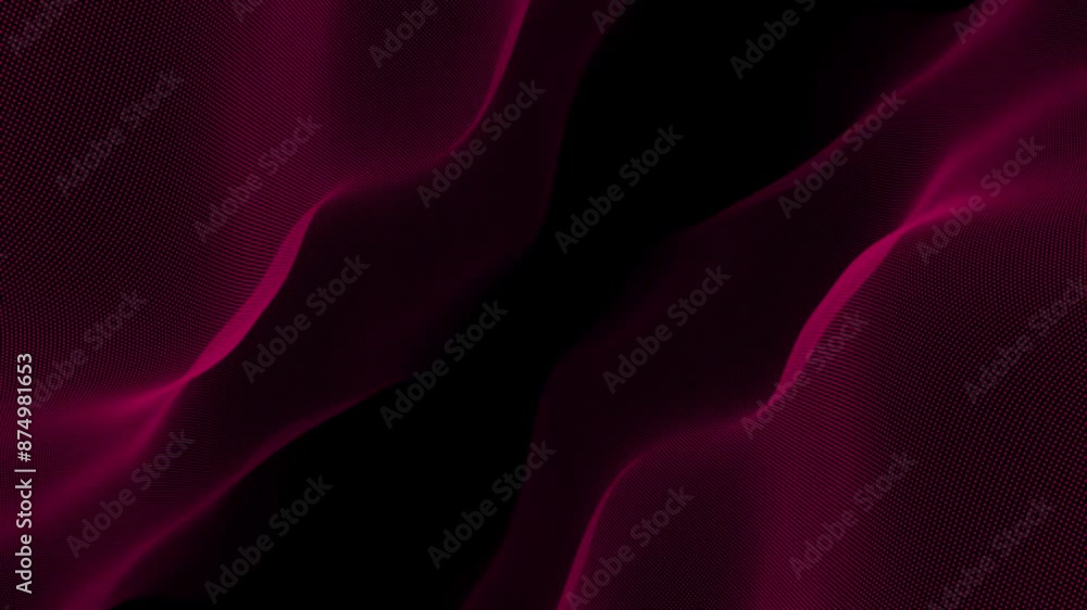 Poster magenta red color hi-tech particles slowly moving in cyberspace forming loop able wave pattern on bl