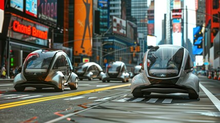 The futuristic urban landscape with driverless electric vehicles showcases advanced tech and green practices AIG62