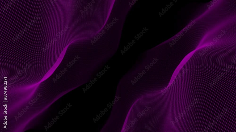 Poster pink color hi-tech particles slowly moving in cyberspace forming loop able wave pattern on black bac