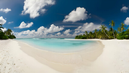 Naklejka premium Beautiful beach with white sand, turquoise ocean, green palm trees and blue sky with clouds on Sunny day. Summer tropical landscape, panoramic view