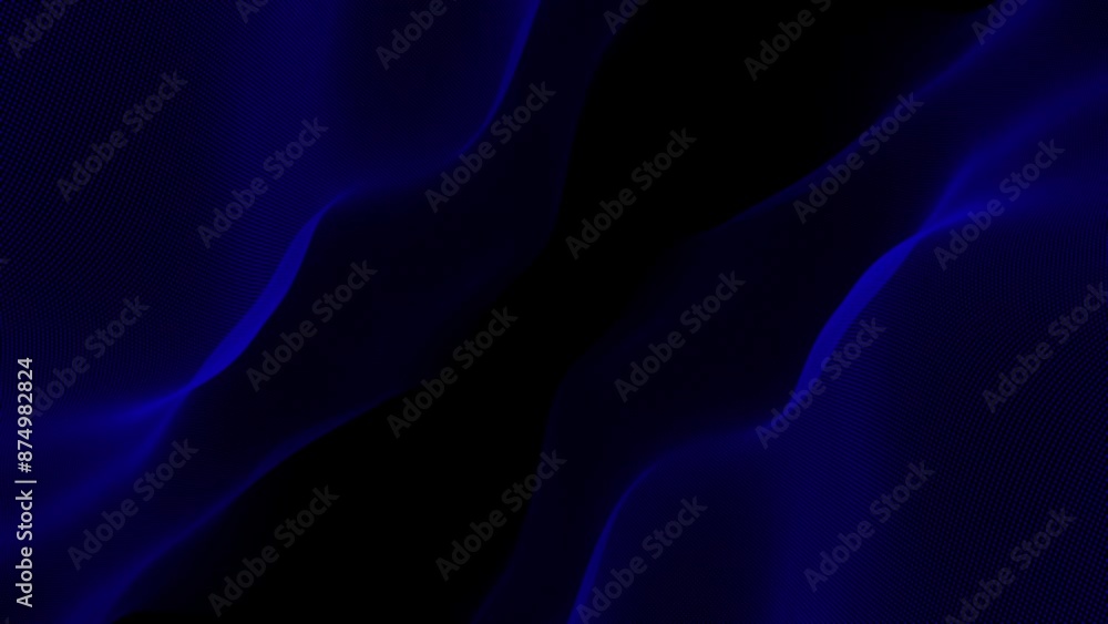 Poster blue color hi-tech particles slowly moving in cyberspace forming loop able wave pattern on black bac