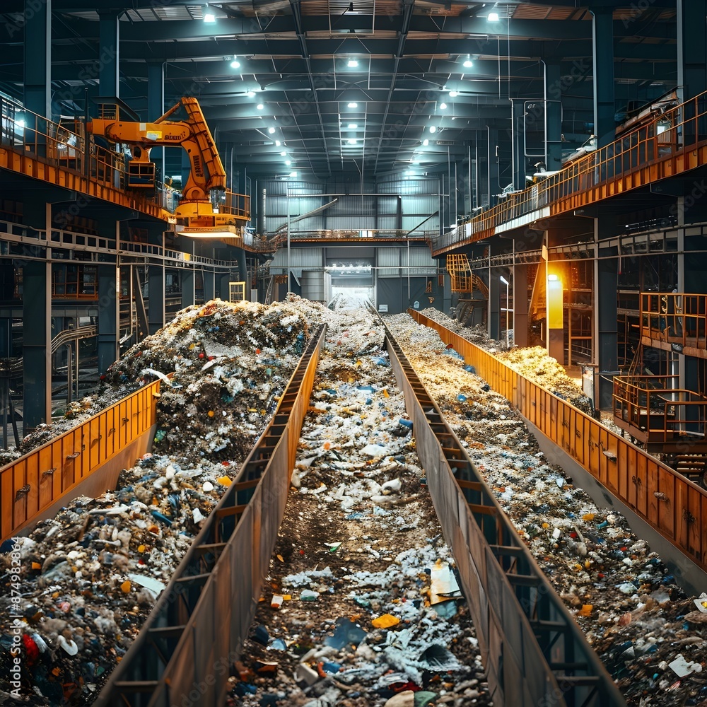 Poster high tech waste management facility with robotic sorting and recycling processes to minimize landfil