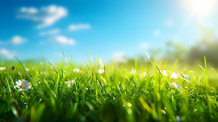 Fototapeta premium sunny spring meadow blur background blue sky to green grass gradient