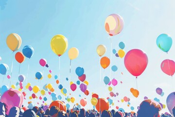 A colorful procession of balloons floats above a lively parade route, surrounded by cheering crowds. The clear blue sky provides a stunning backdrop for this joyful scene.