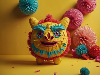 Cinco de Mayo festive poster Bright funny pinata on yellow background, top view.