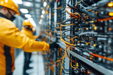 Technician Connecting Network Cables in Data Center