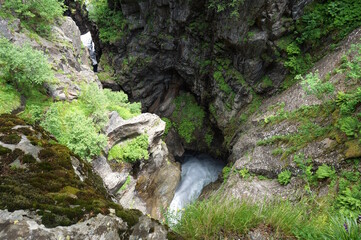 The gorge and the devil's mill waterfall in Dombay. Teberdinsky Nature Reserve.