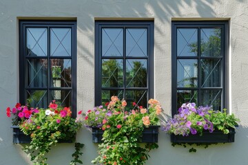 closeup of diamond pane windows with flower boxes