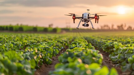 Drone Monitoring Precision Farming Techniques in Lush Green Agricultural Field at Sunset